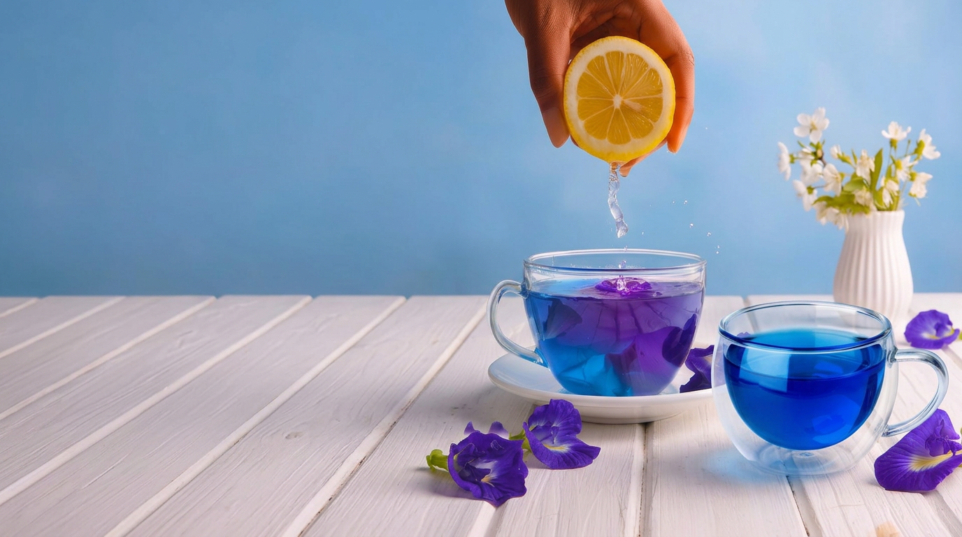 Lemon squeezed into a glass of blue butterfly pea tea beside a cup of blue tea